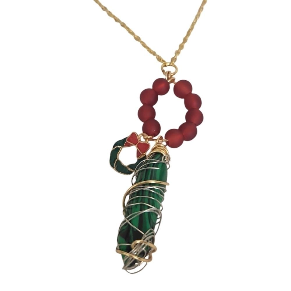 14k Enamel Wreath Malachite Natural Gemstone Crystal Hexagonal Bullet Necklace